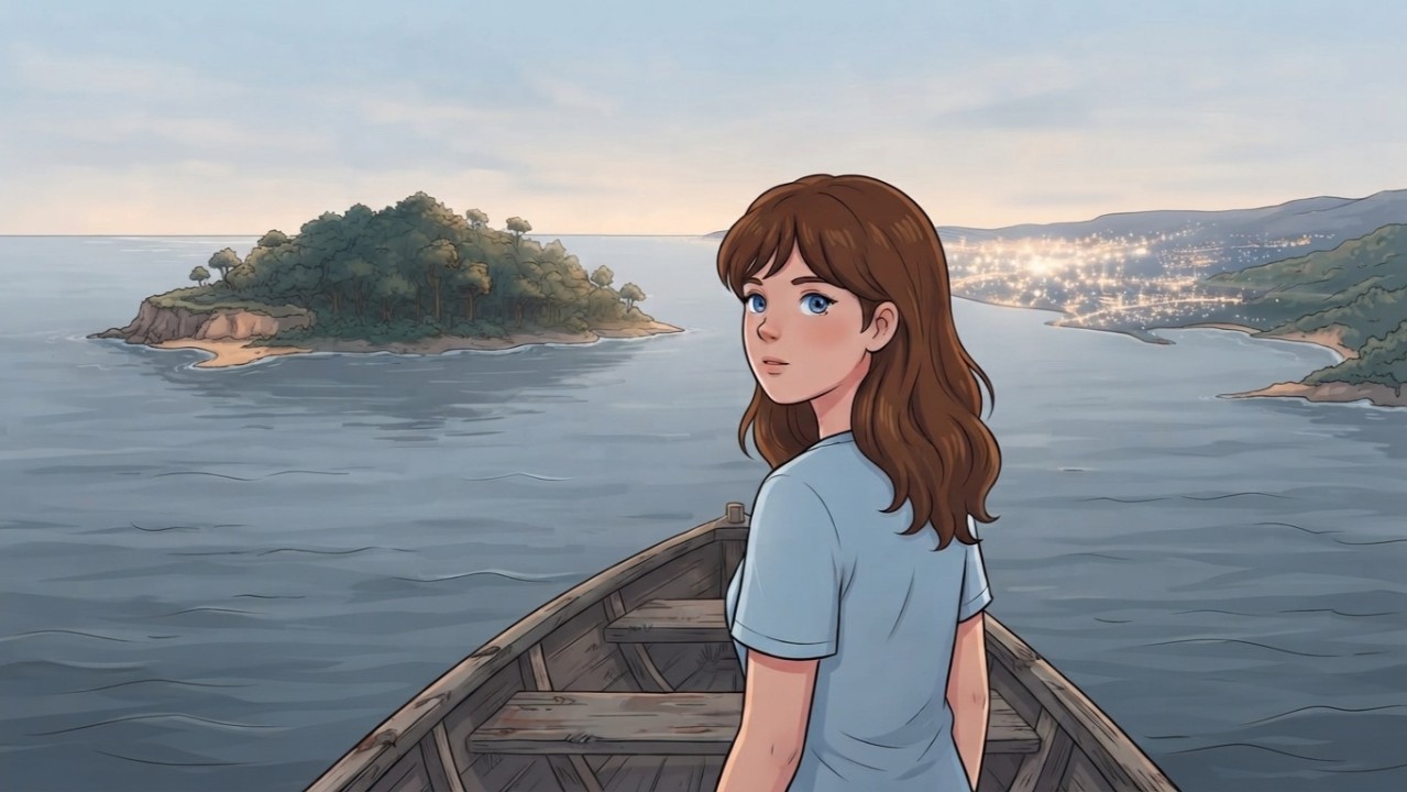 Illustration of a woman in a rowboat looking back toward a quiet wooded island while the lights of a city glow across the water. Image created with Gemini.