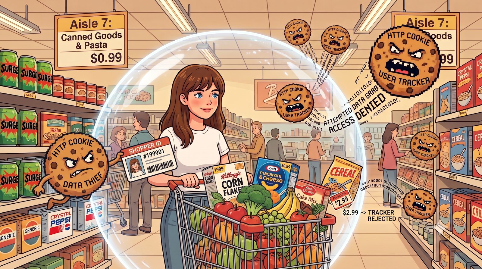 A shopper in a privacy bubble rolls through a 1999 grocery store while cookie trackers get denied at the edge